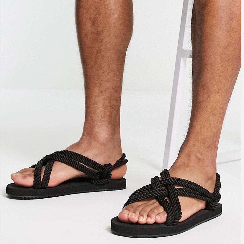 Men's Black Rope Sandals - Classic Casual Slip-Ons